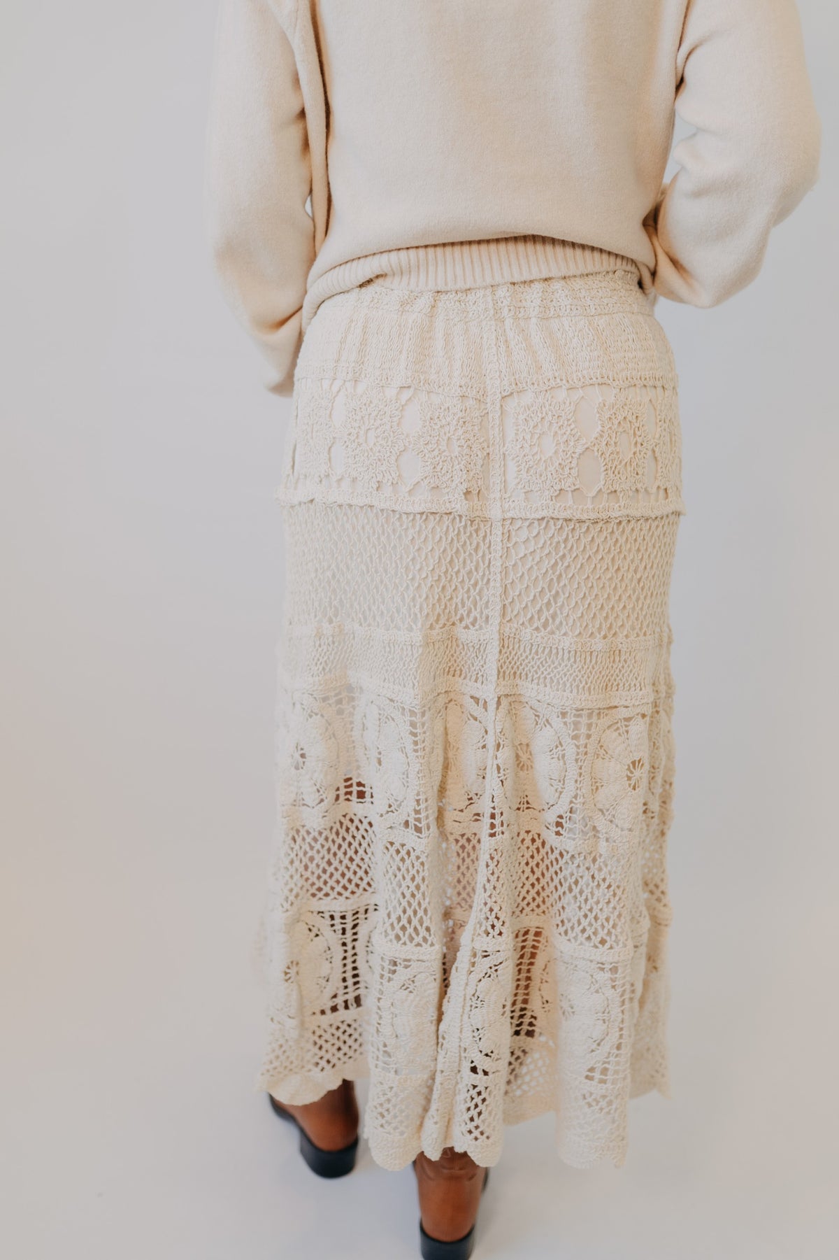 Doe & Rae | Crochet Floral Midi Skirt | Cream