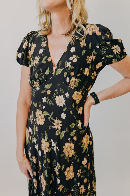 Blu Pepper | Floral Puff Sleeve Midi Dress | Black Multi