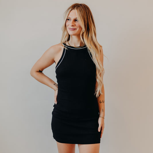 Doe & Rae | Contrast Piping Mini Dress | Black