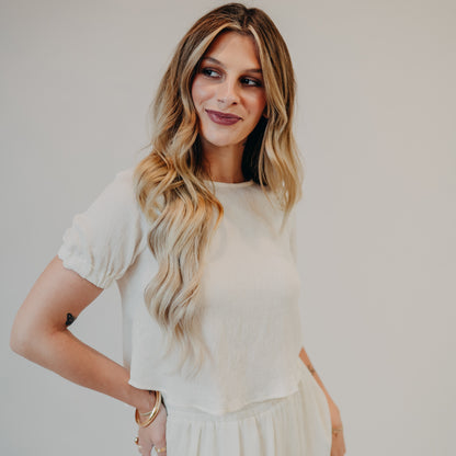 Blu Pepper | Puff Sleeve Back Tie Shirt | Natural