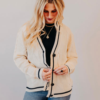 Varsity Cable Knit Cardigan | Natural