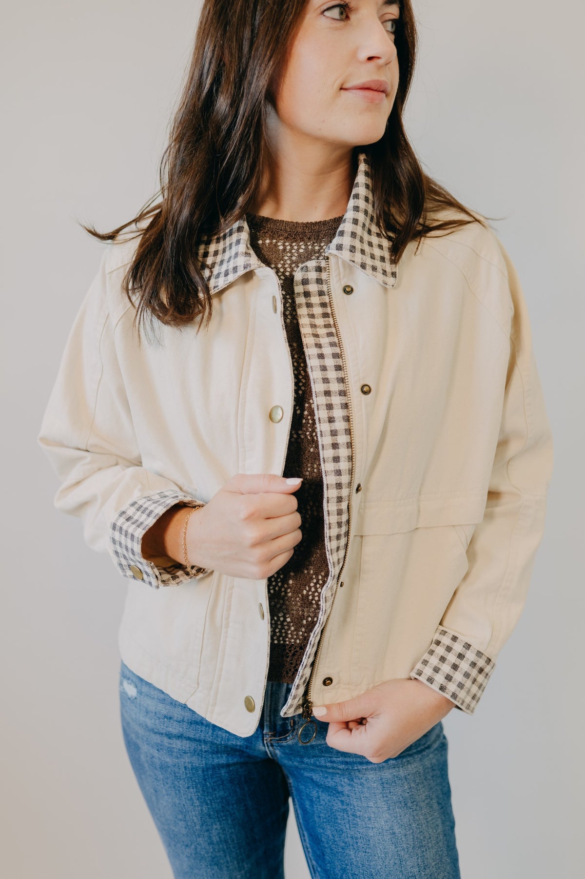 Miou Muse | Gingham Collared Twill Jacket | Beige