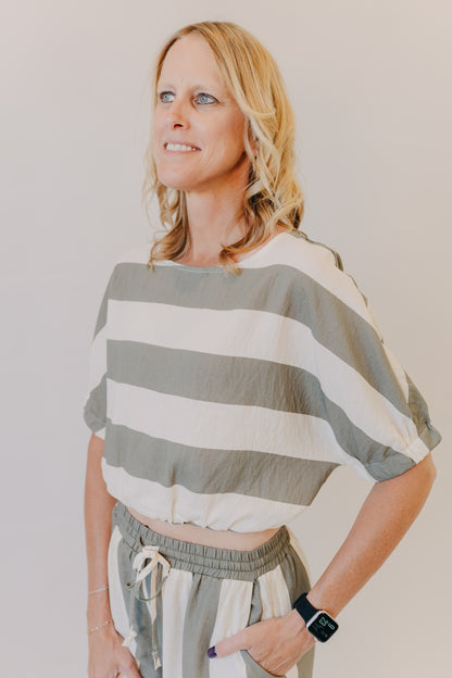 Miou Muse | Wide Stripe Boat Neck Top | Olive