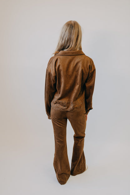 Hem & Thread | Faux Suede Embroidered Hem Pant | Chocolate