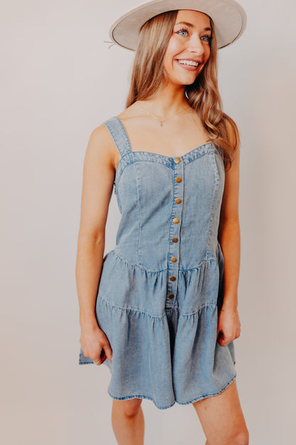 Doe & Rae | Denim Tiered Flare Romper | Dk Denim