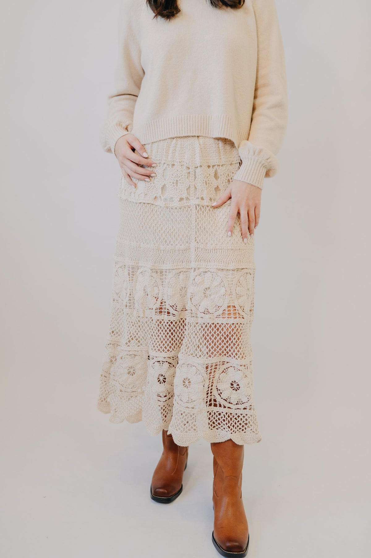 Doe & Rae | Crochet Floral Midi Skirt | Cream
