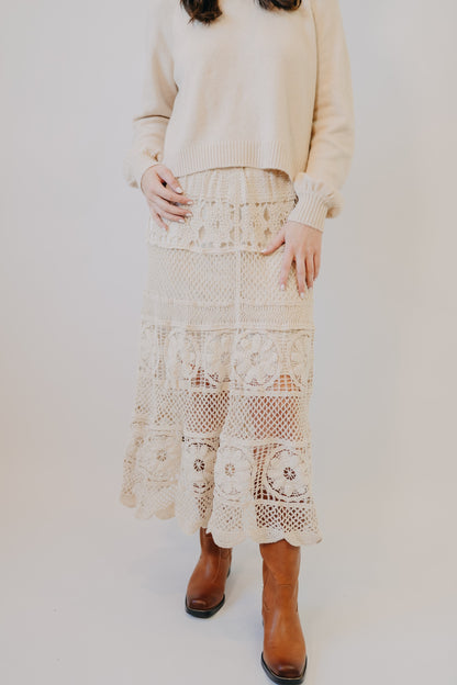 Doe & Rae | Crochet Floral Midi Skirt | Cream