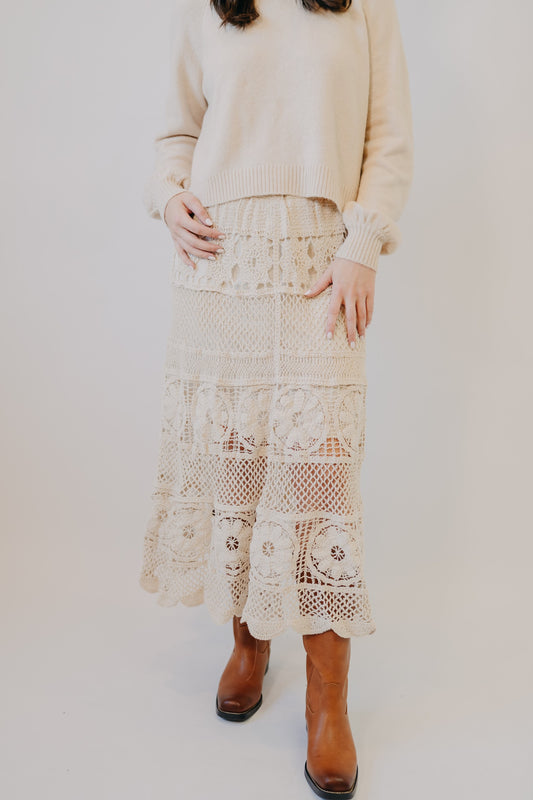 Doe & Rae | Crochet Floral Midi Skirt | Cream