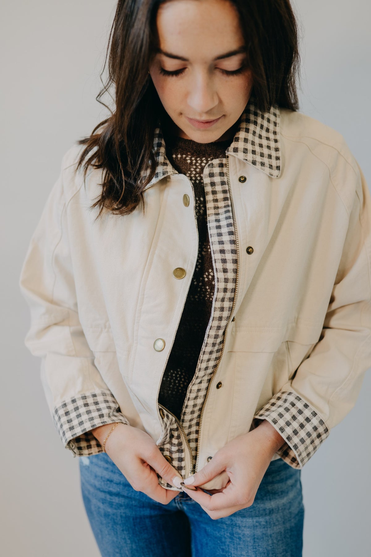 Miou Muse | Gingham Collared Twill Jacket | Beige