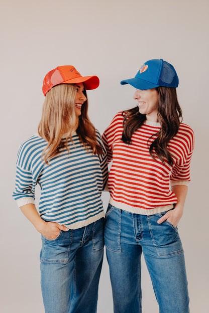 Blu Pepper | Striped Contrast Trim Knit Sweater | Red