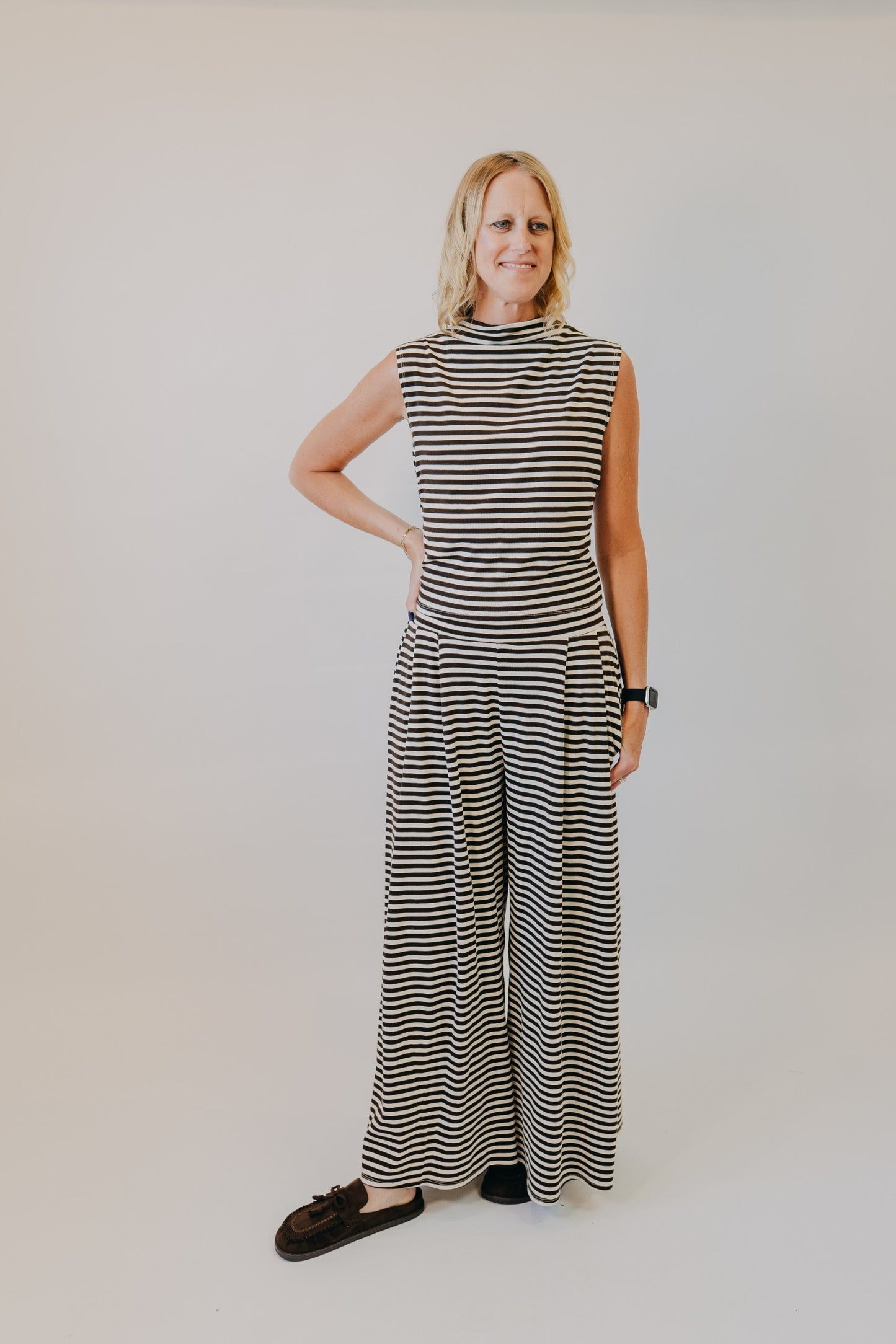 By Together | Fine Line Sleeveless Knit Top | Cream Brown