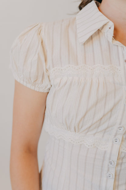 Blu Pepper | Stripe Collared Lace Bust Detail Top | Brown