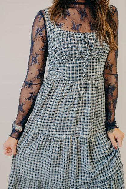 Blu Pepper | Plaid Corset Tiered Midi Dress | Navy