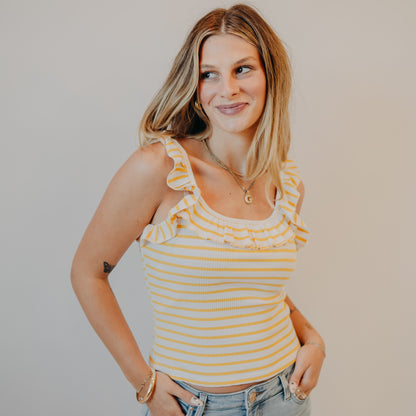 Doe & Rae | Stripe Square Neck Ruffle Tank | Off White Corn
