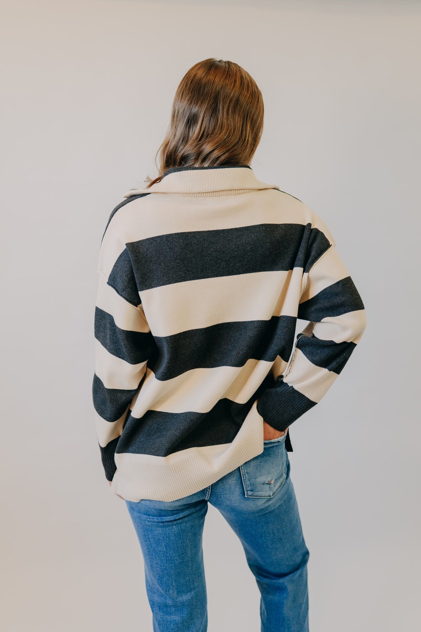 By Together | Fontaine Half Zip Striped Long Sleeve | Charcoal