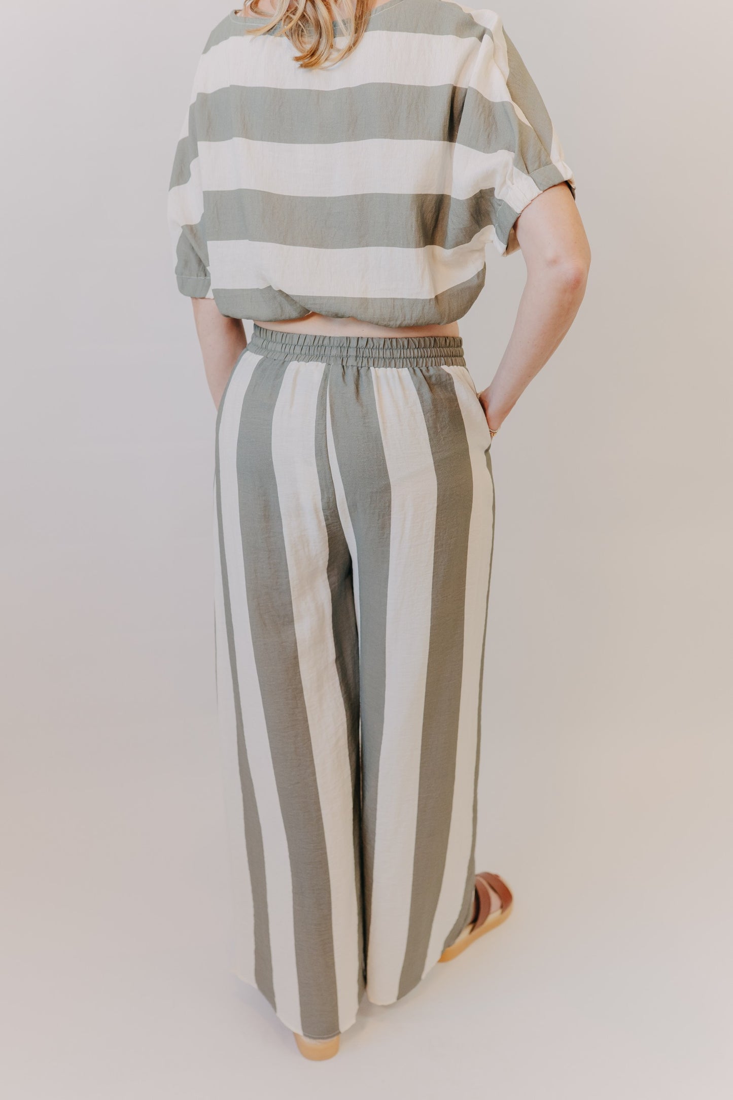 Miou Muse | Wide Striped Wide Leg Trousers | Olive