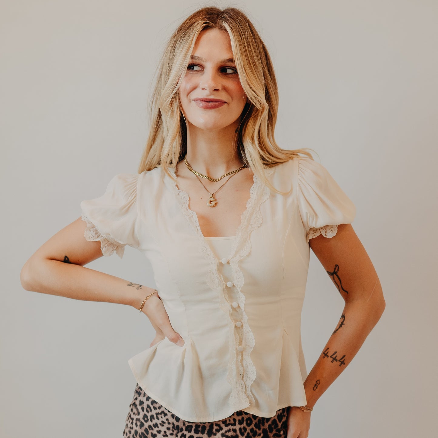 Blu Pepper | Lace Trim Puff Sleeve Blouse | Cream