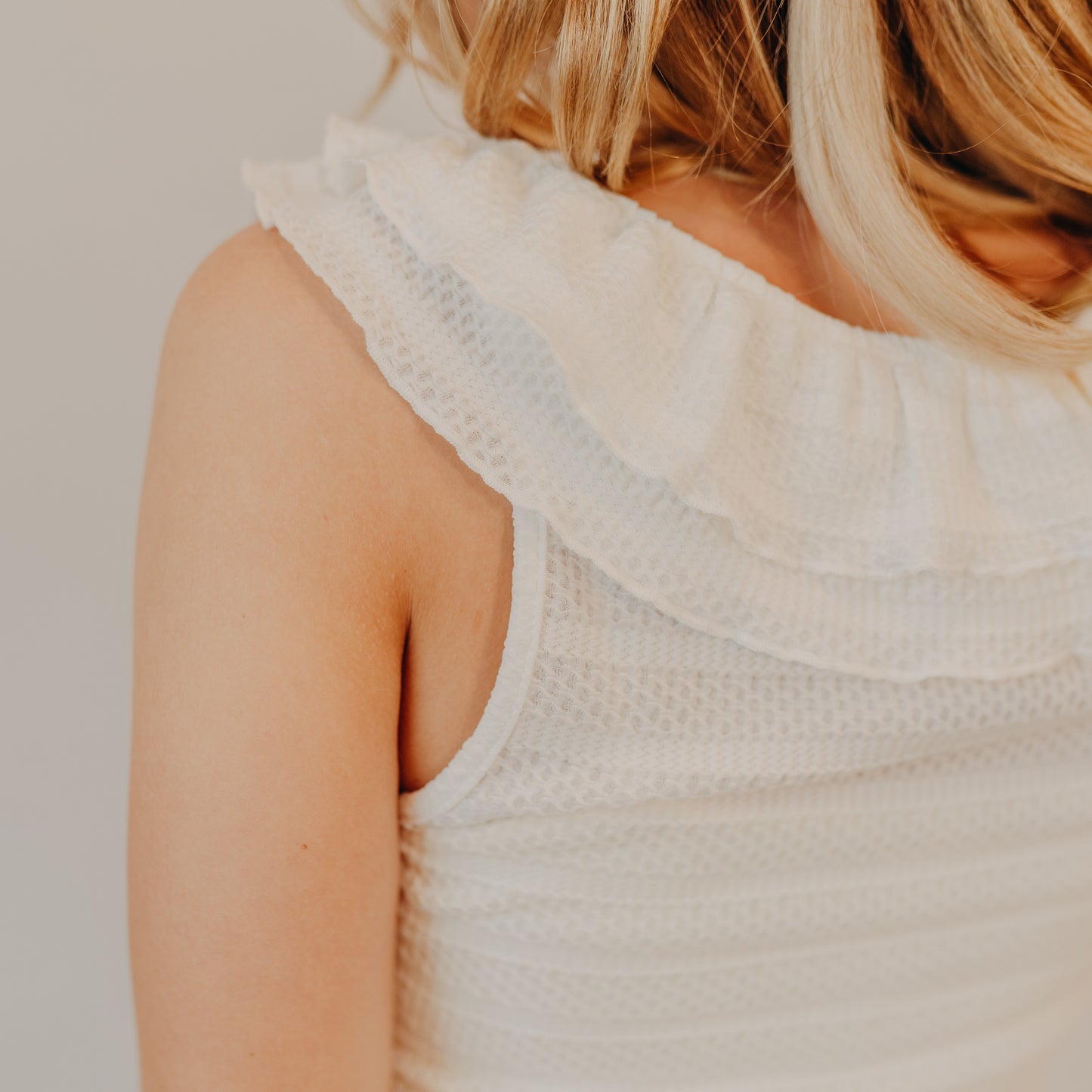 Doe & Rae | Stripe Tie Strap Ruffle V-Neck Top | Off White