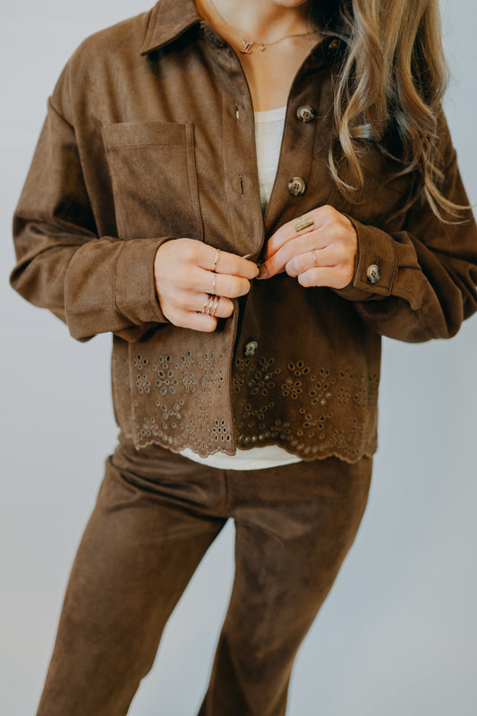 Hem & Thread | Faux Suede Embroidered Hem Jacket | Chocolate