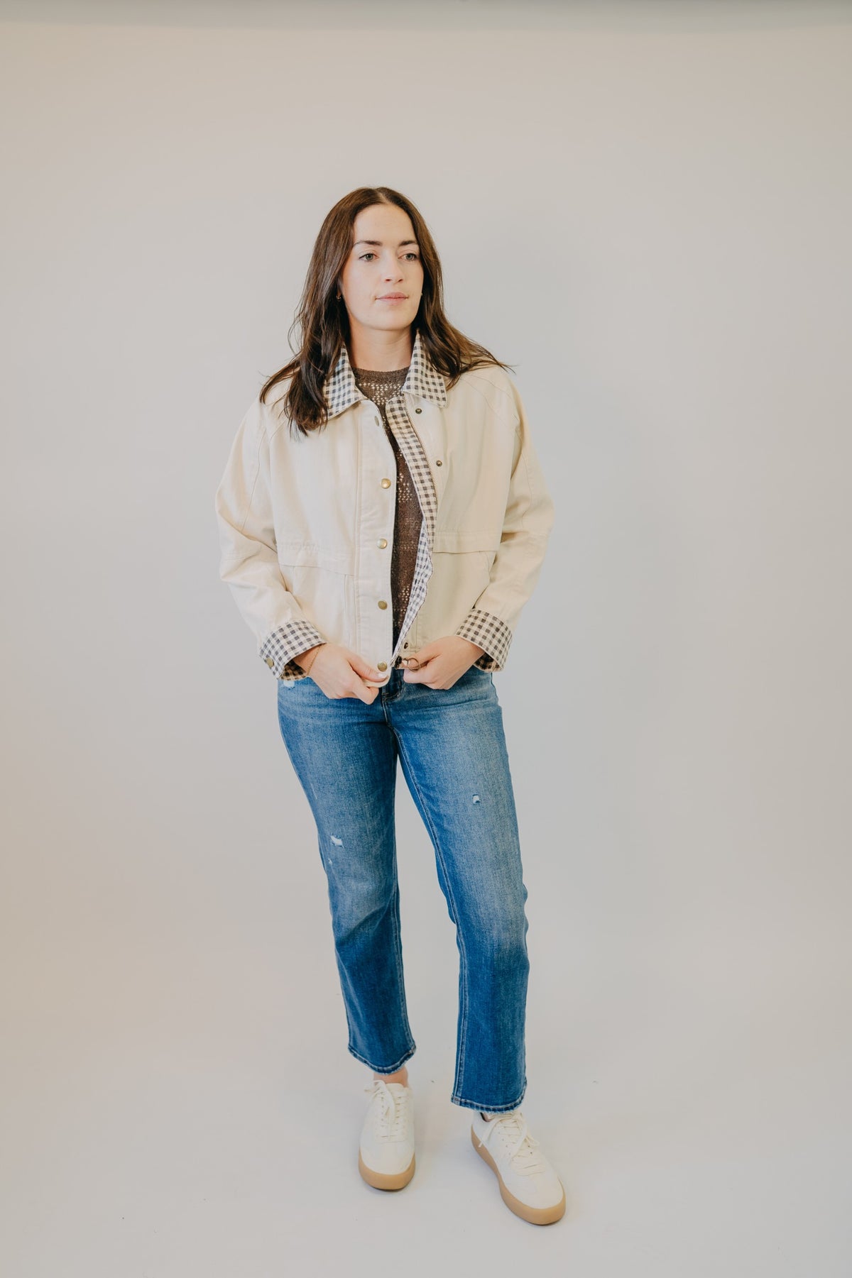Miou Muse | Gingham Collared Twill Jacket | Beige