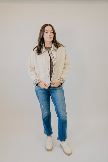 Miou Muse | Gingham Collared Twill Jacket | Beige