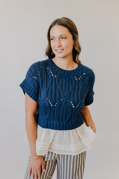 By Together | Cali Crochet Twofer Sweater | Navy Cream