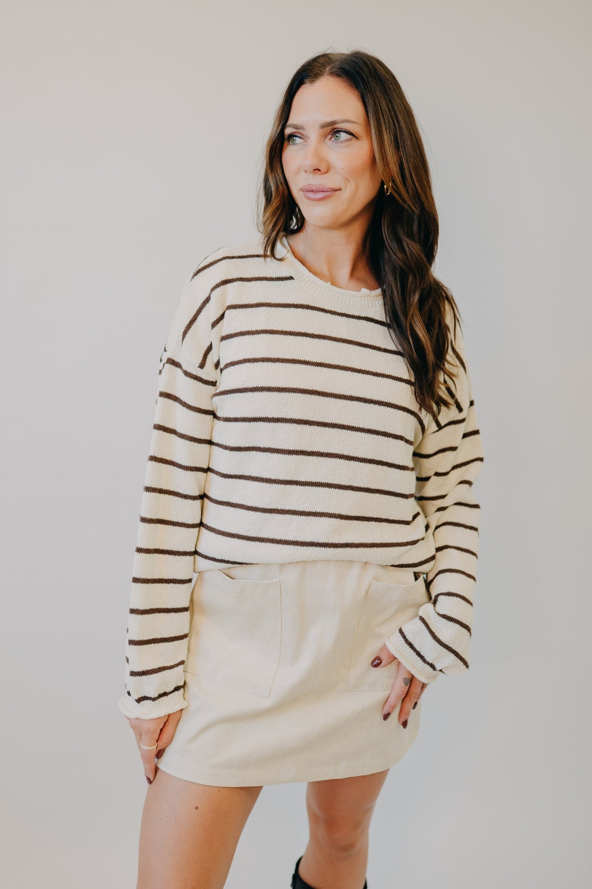 Blu Pepper | Striped Textured Raw Edge Sweater | Cream