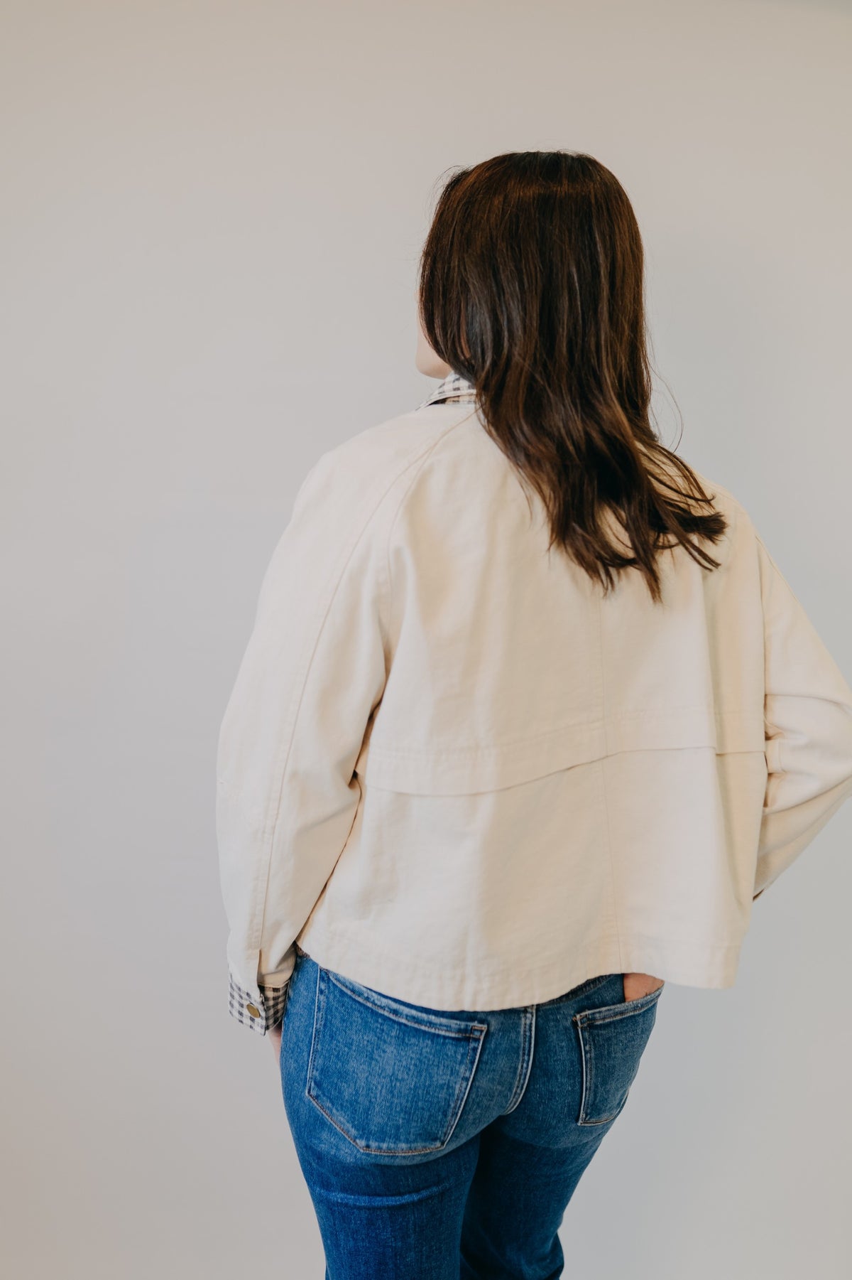 Miou Muse | Gingham Collared Twill Jacket | Beige
