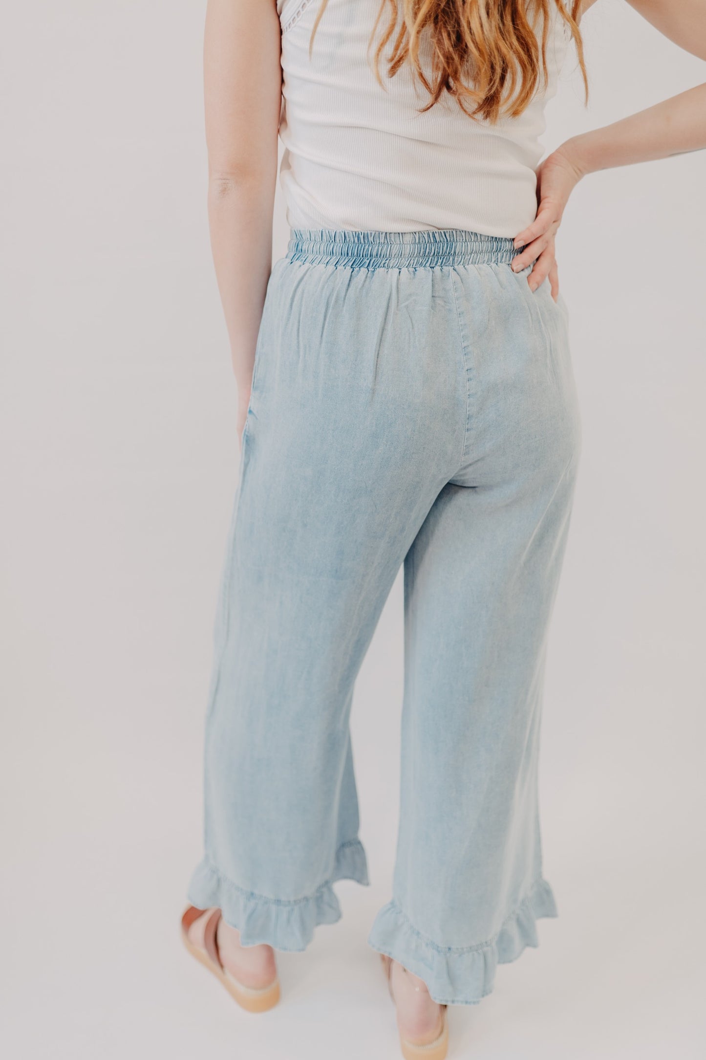 Doe & Rae | Denim Ruffle Wide Leg Pant | Lt Denim