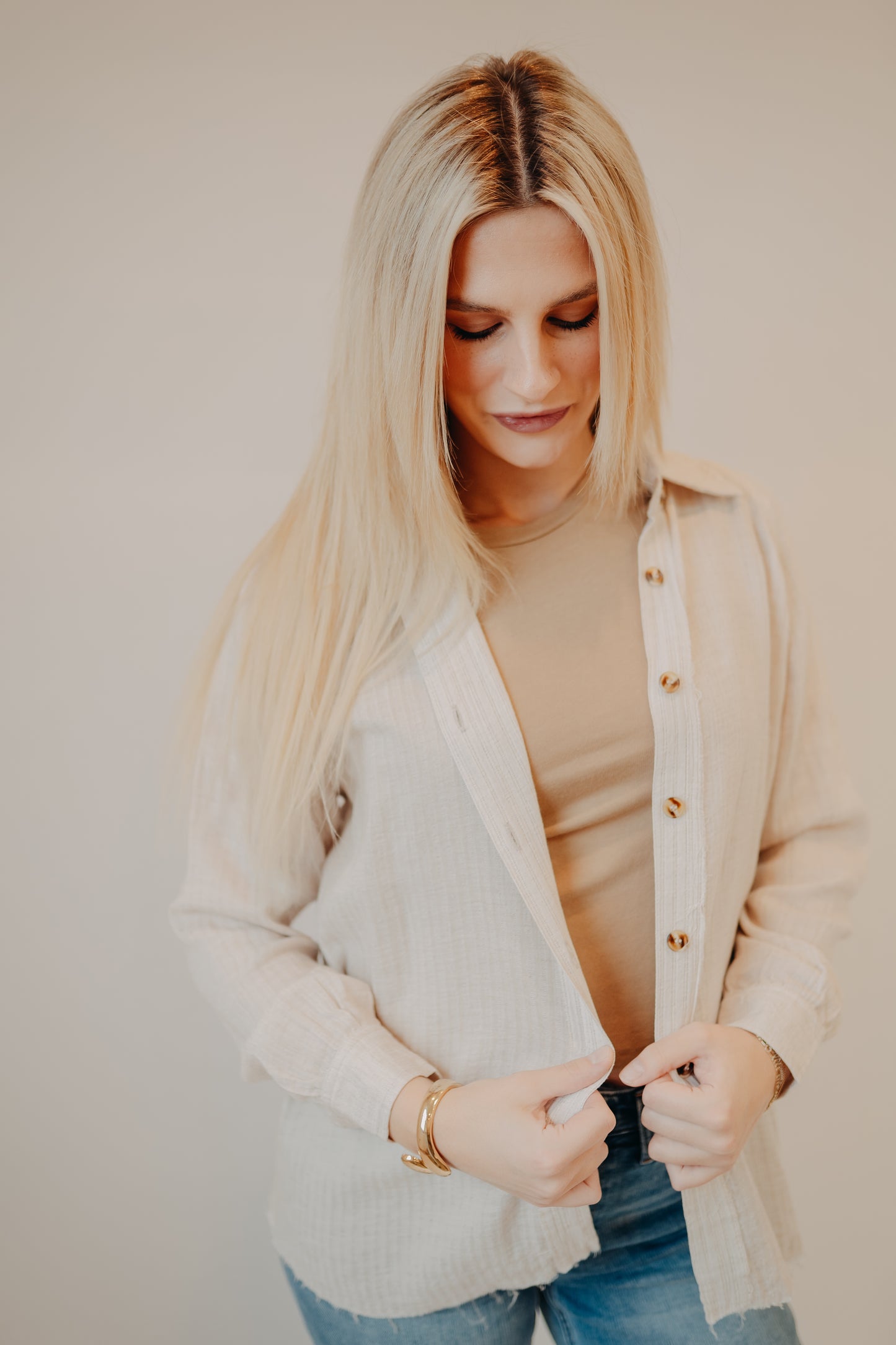 Staccato | Raglan Button Down Striped Top | Taupe