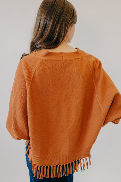 Staccato | Fringe Hem Button Down Cardigan | Dark Camel