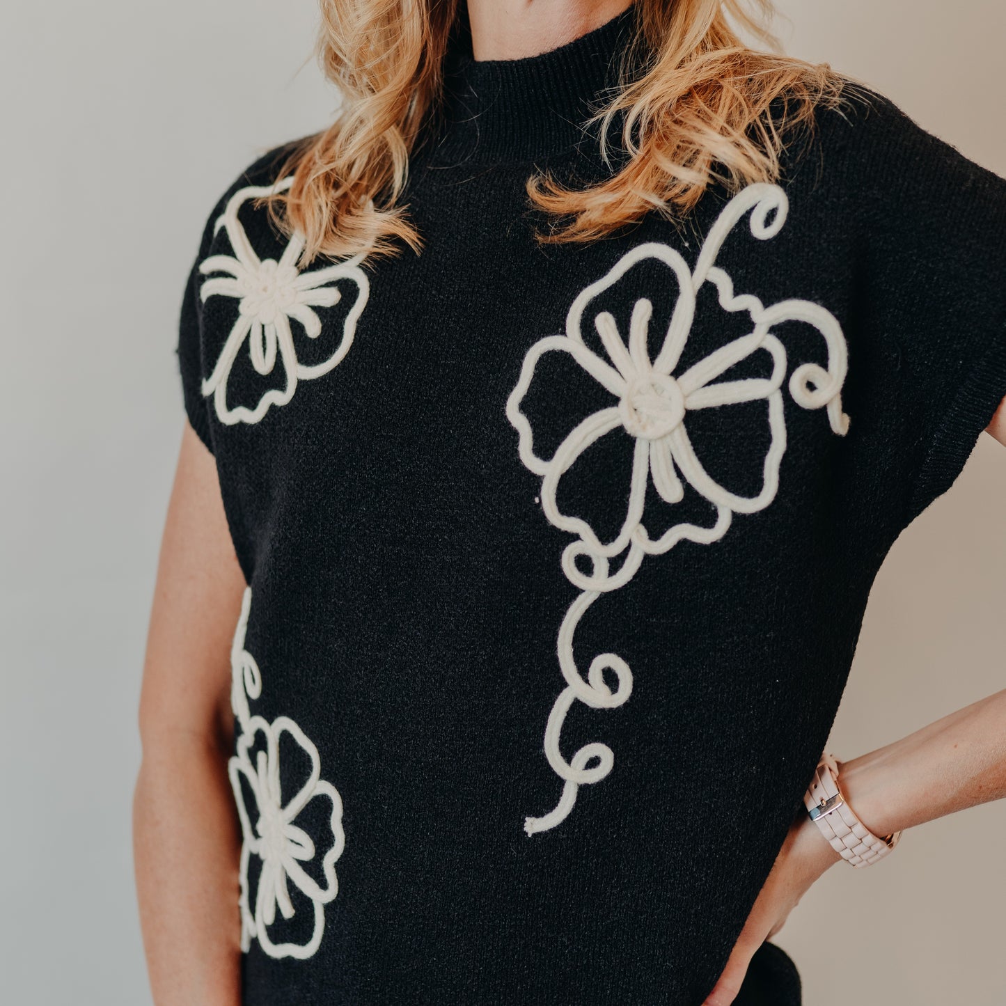 Blu Pepper | Floral Trim Sweater | Black