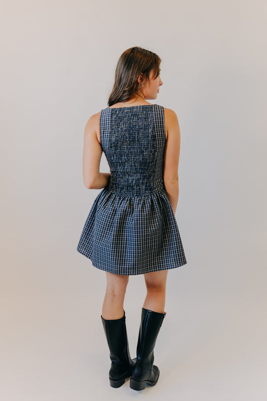 Blu Pepper | Plaid Boat Neck Mini Dress | Navy Multi