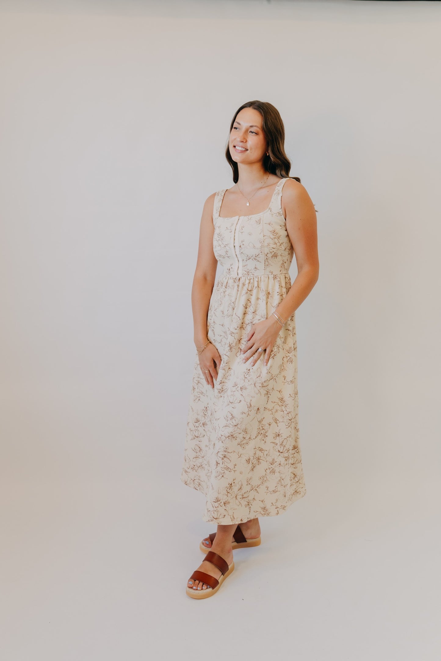 Blu Pepper | Floral Toile Midi Dress | Oatmeal