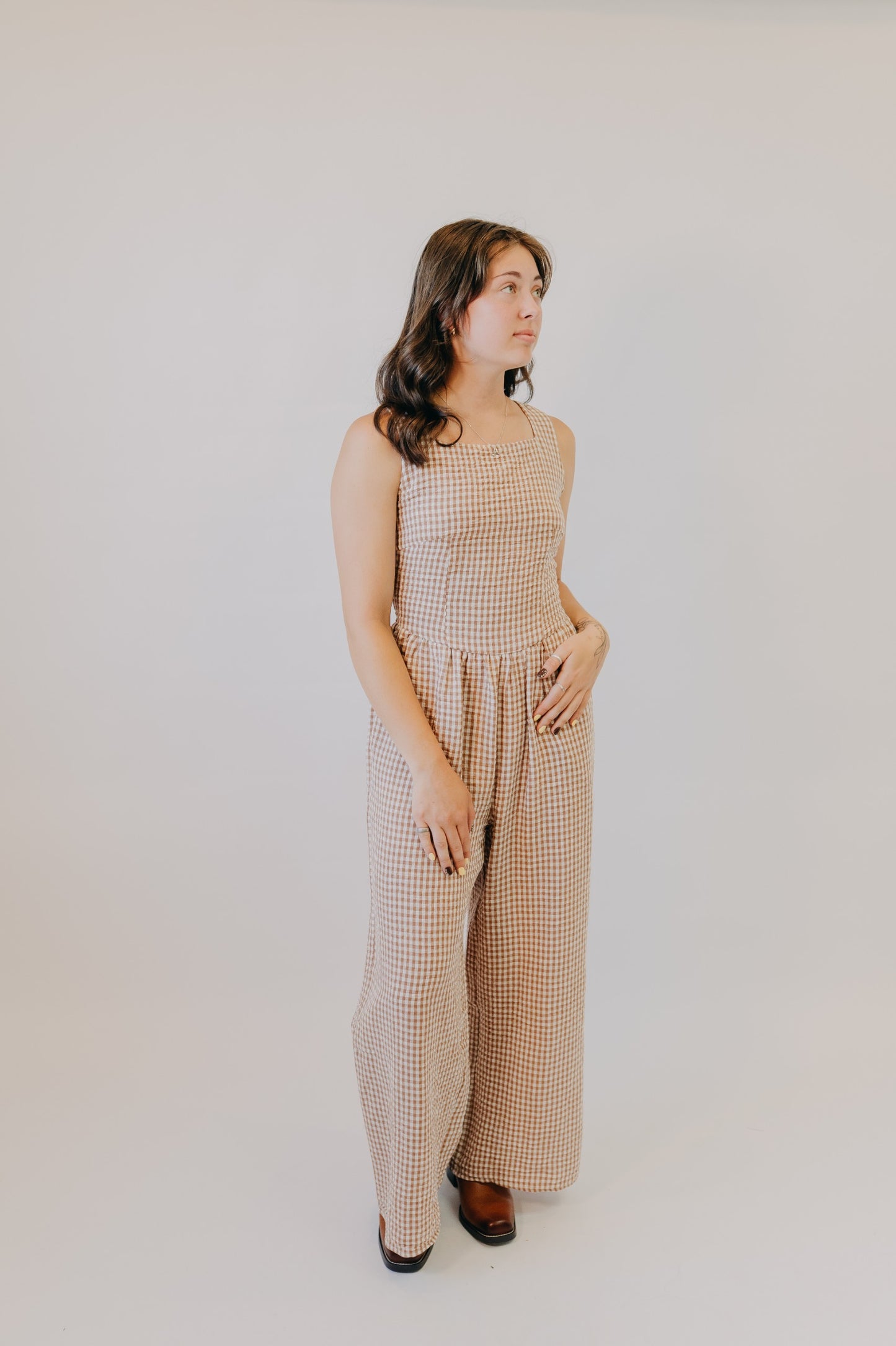 Miou Muse | Gingham Tie In Back Jumpsuit | Brown