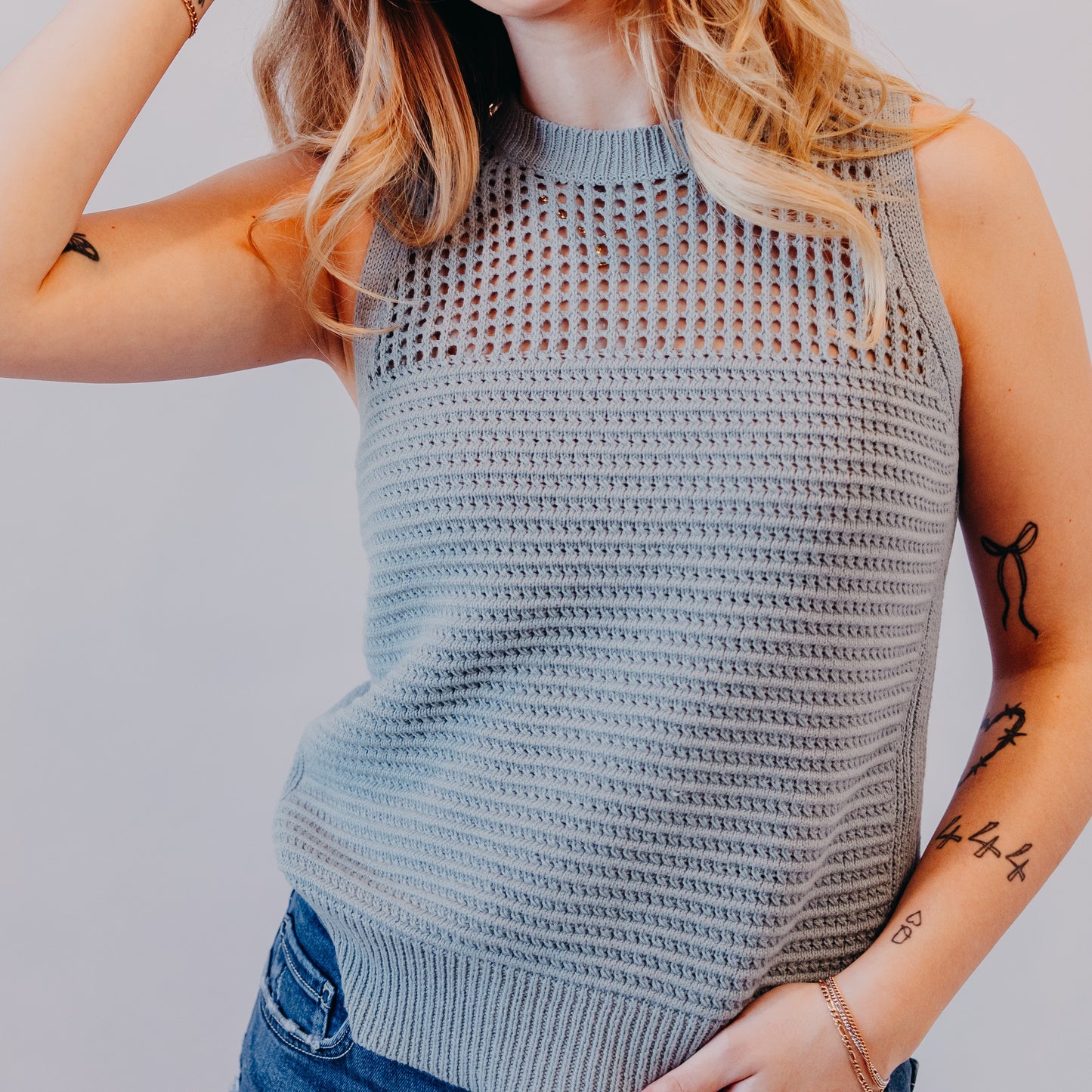 Staccato | Pointelle Texture Sweater | Dusty Blue