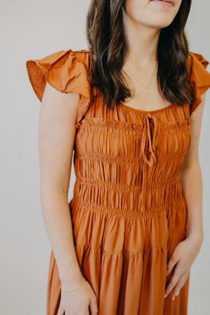 Blu Pepper | Shirred Bodice Ruffle Sleeve Midi Dress | Rust