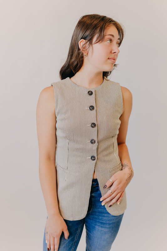 Blu Pepper | Pinstripe Denim Vest | Brown