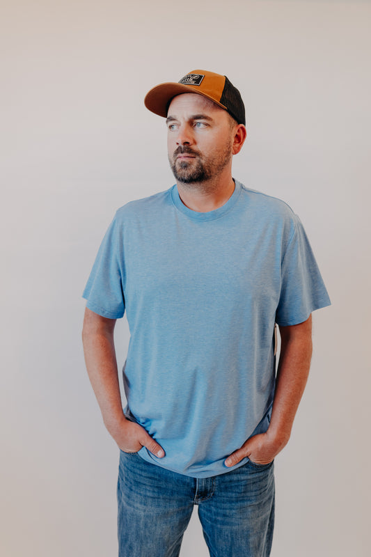 Flag & Anthem | Essential Stretch Crew Tee | Lt Blue Heather