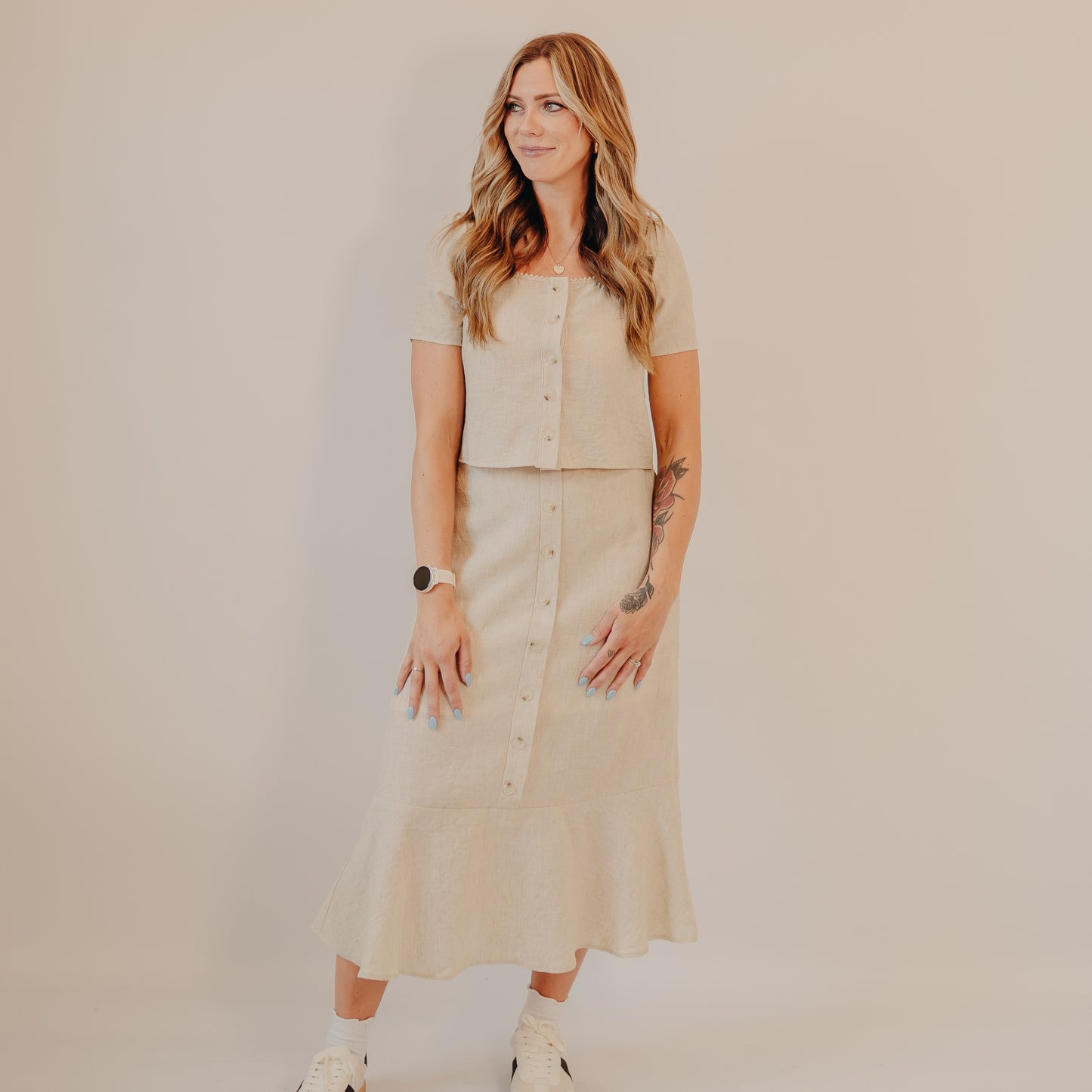 Gilli | Button Up Flare Hem Midi Skirt | Oatmeal