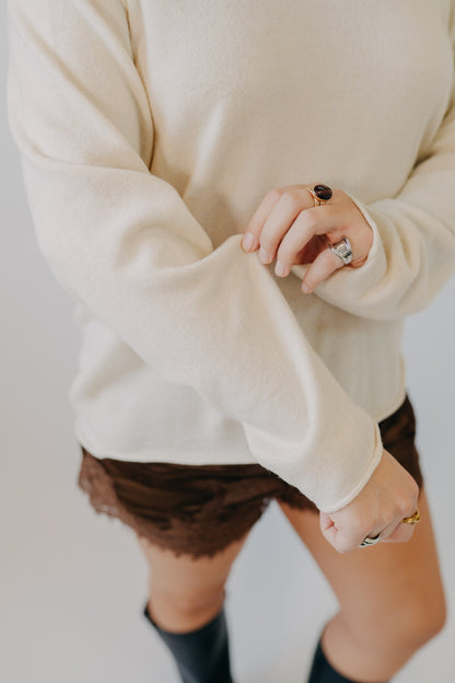 Miou Muse | Long Sleeve Lace Contrast Knit Top | Cream