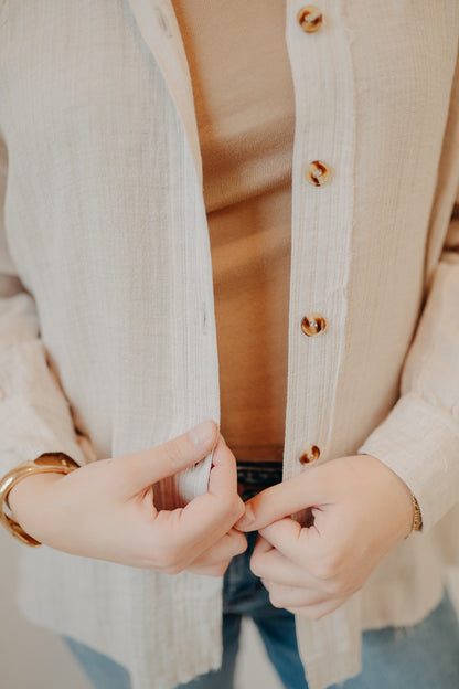 Staccato | Raglan Button Down Striped Top | Taupe
