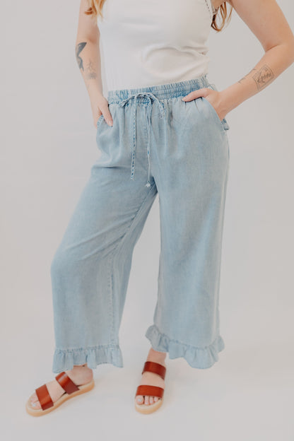 Doe & Rae | Denim Ruffle Wide Leg Pant | Lt Denim