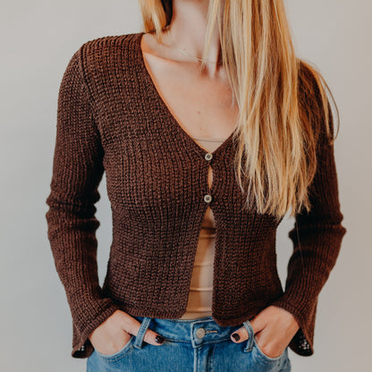 Blu Pepper | Bell Sleeve Crochet Cardigan | Brown