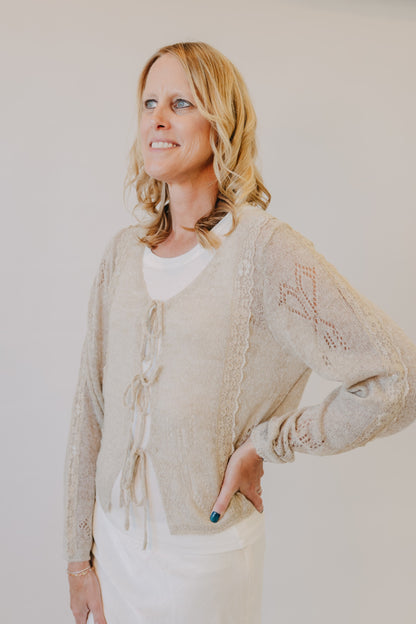 Miou Muse | Lace Contrasted Tie Front Cardigan | Straw