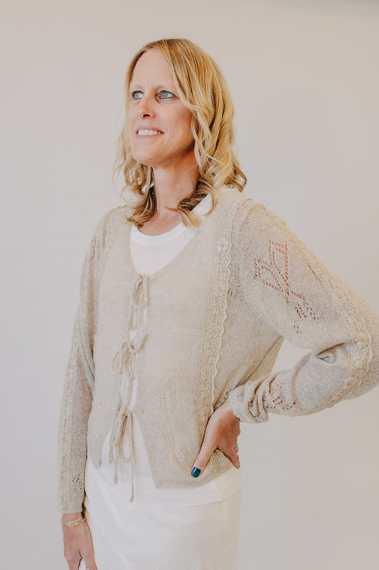 Miou Muse | Lace Contrasted Tie Front Cardigan | Straw