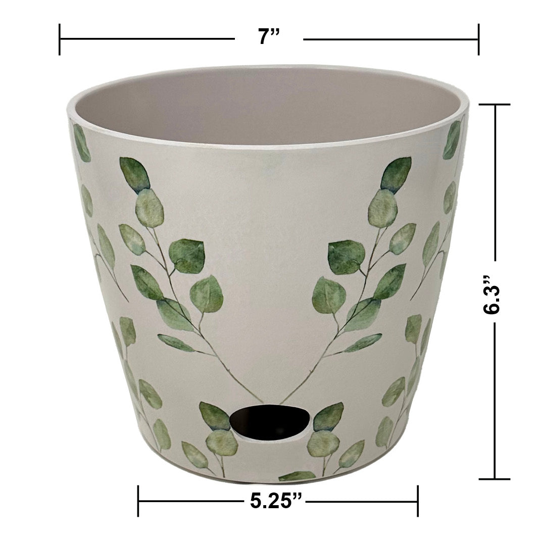 7" Green Leaves Round Self-Watering Bamboo Pot