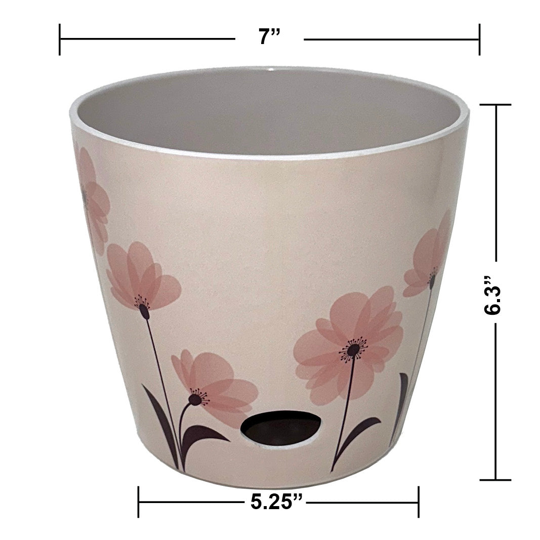 7" Pink Flower Round Self-Watering Bamboo Pot