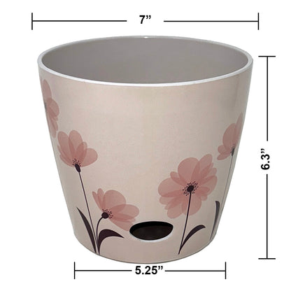 7" Pink Flower Round Self-Watering Bamboo Pot