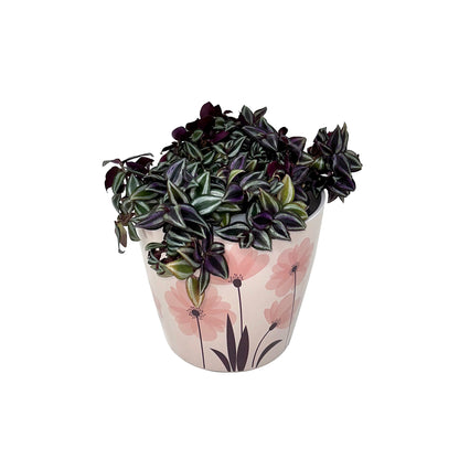 7" Pink Flower Round Self-Watering Bamboo Pot